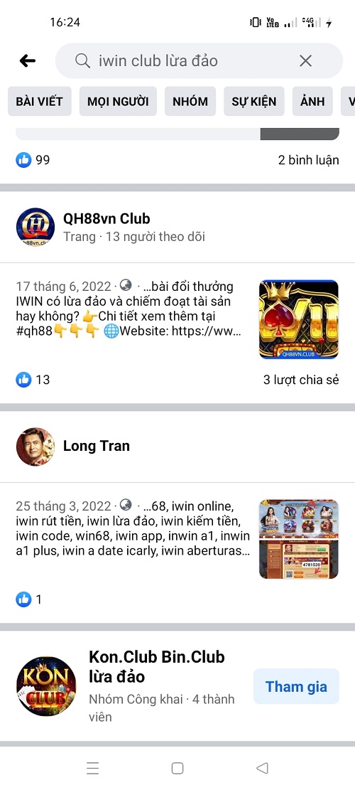 kiểm tra phốt game iwinclub trên Facebook